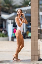 Rachel McCord in a White Swimsuit on the Beach in Santa Monica 08/31/2018