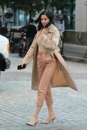 Adriana Lima in a Beige Colored Ensemble in NYC 10/04/2018