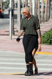 Amber Rose in a Black Leggings and a Striped Top in Miami Beach 10/29/2018