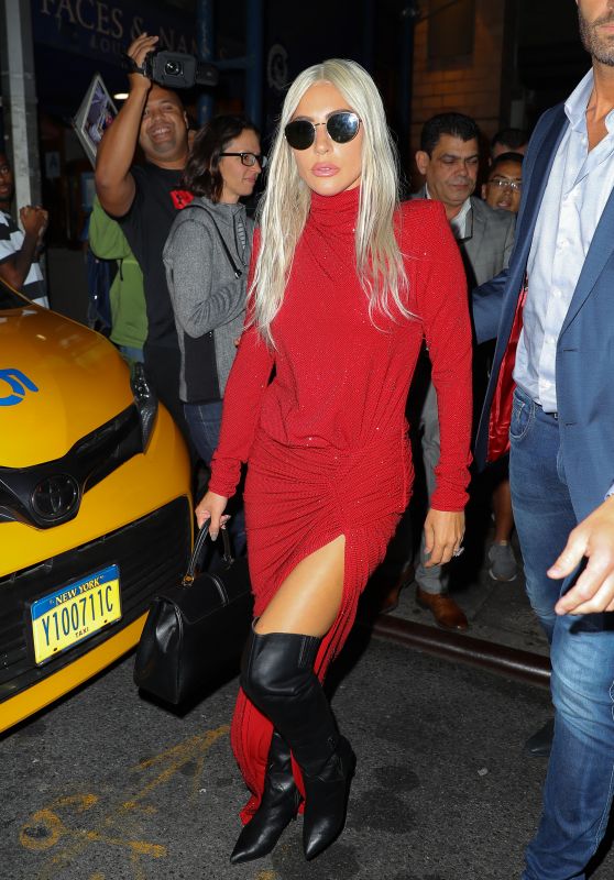 Lady Gaga in a High Slit Red Dress - New York City 10/03/2018