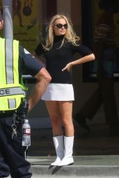 Margot Robbie Shows Off Her Legs in Mini Skirt - "Once Upon A Time in Hollywood" Set 10/15/2018