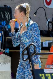 Miley Cyrus in a Blue Floral Jumpsuit On Set of Her Latest Project in LA 10/18/2018