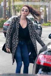 Sarah Hyland in a Leopard Coat in Studio City 10/13/2018