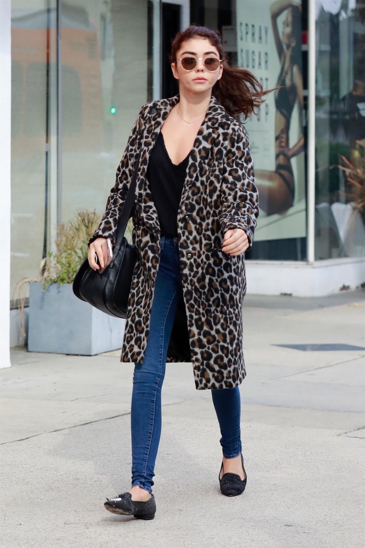 Sarah Hyland in a Leopard Coat in Studio City 10/13/2018 • CelebMafia