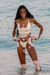 Winnie Harlow in a White Bikini on the Beach in Miami 10/26/2018