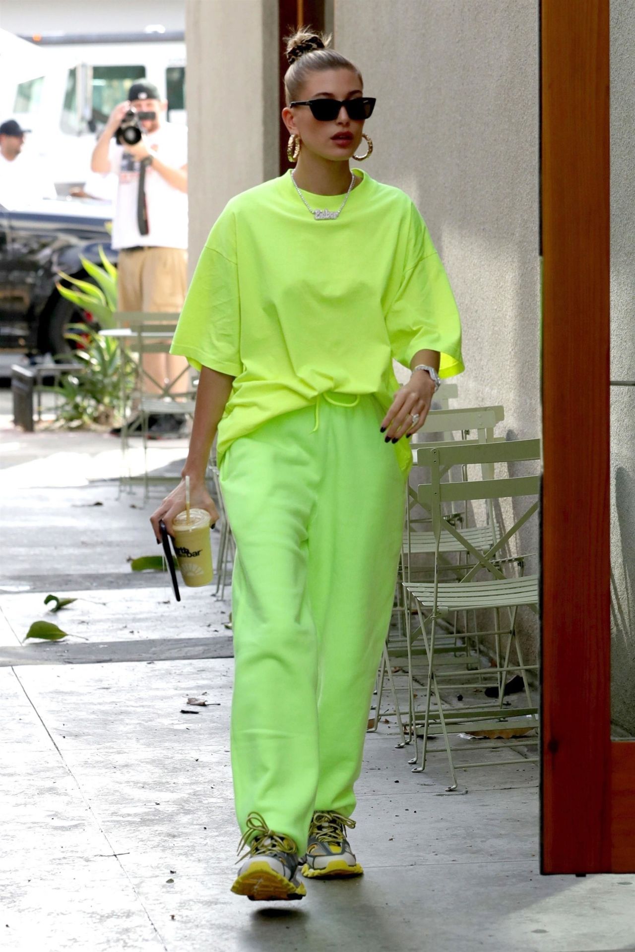 Hailey Baldwin: Gucci T-Shirt, Green Nylon Pants