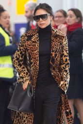 Victoria Beckham in a Faux Leopard Coat - JFK Airport in NY 11/26/2018