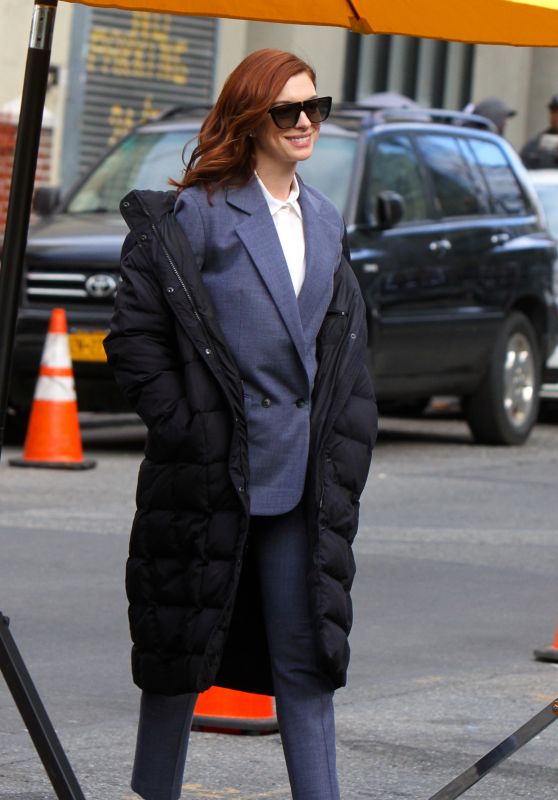Anne Hathaway Wears a Suit at the "Modern Love" Set 12/04/2018