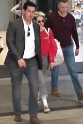 Kristen Stewart in a Bright Red Champion Sweater and Jeans 12/13/2018