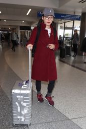 Constance Wu in a Red Coat - LAX in Los Angeles 01/09/2019