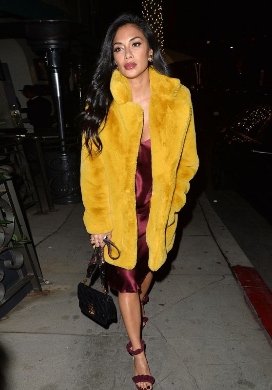 Nicole Scherzinger in a Yellow Fur Coat and Plum Silk Dress 01/03/2019