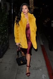 Nicole Scherzinger in a Yellow Fur Coat and Plum Silk Dress 01/03/2019