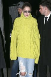 Gigi Hadid in an Olive Yellow-Green Knit Sweater - New York City 02/13/2019