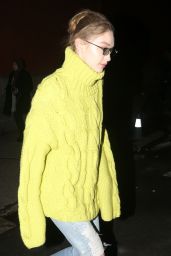 Gigi Hadid in an Olive Yellow-Green Knit Sweater - New York City 02/13/2019