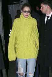 Gigi Hadid in an Olive Yellow-Green Knit Sweater - New York City 02/13/2019