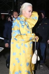 Rita Ora in a Yellow and Blue Dress and Pink Stockings 02/13/2019