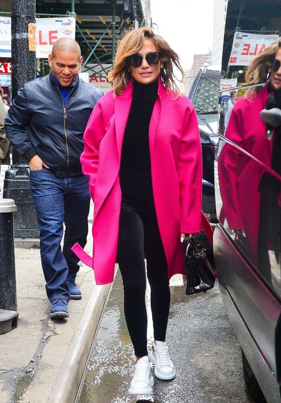 Jennifer Lopez in a Pink Coat and Leggings - Out in NYC 03/24/2019
