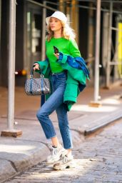 Elsa Hosk in Bright Green Sweater and Faded Denim 04/24/2019