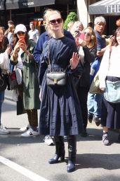 Elle Fanning in a Long Sleeved Navy Blue Dress - NYC 05/04/2019