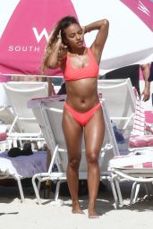 Karrueche Tran in a Neon Pink Bikini on the Beach in Miami 05/11/2019
