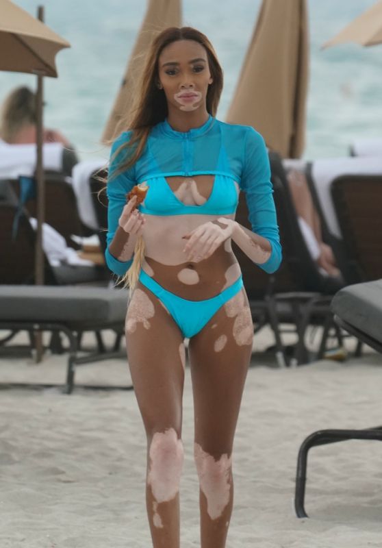 Winnie Harlow in a Blue Bikini at the Beach in Miami 05/12/2019