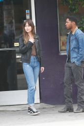 Dakota Johnson in Leather Jacket and Jeans - "Covers" Set in Los Angeles 06/06/2019