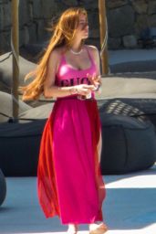 Lindsay Lohan in a Pink GUCCI Swimsuit on Mykonos Island 06/22/2019