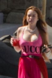 Lindsay Lohan in a Pink GUCCI Swimsuit on Mykonos Island 06/22/2019