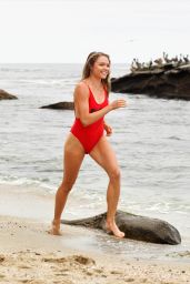 Chari Hawkins in a Baywatch-Esque USA-Themed Swimsuit - Beach in California 07/02/2019