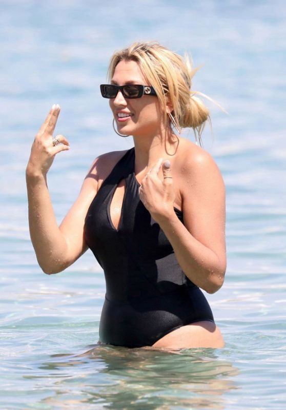 Konstantina Spyropoulou in a Black Swimsuit at the Beach in Mykonos 07/10/2019