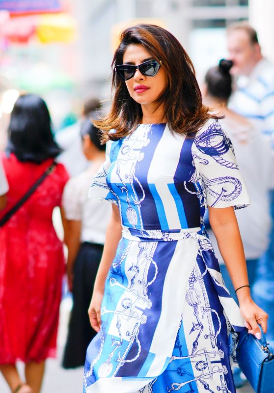 Priyanka Chopra in a Blue and White Dress 07/23/2019