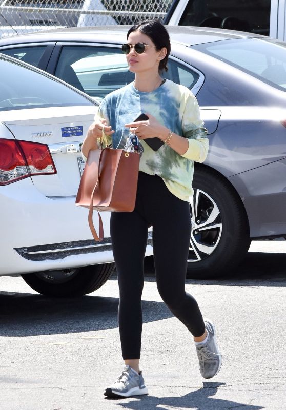 Lucy Hale in Tie-Dye Top and Skintight Leggings 07/31/2019