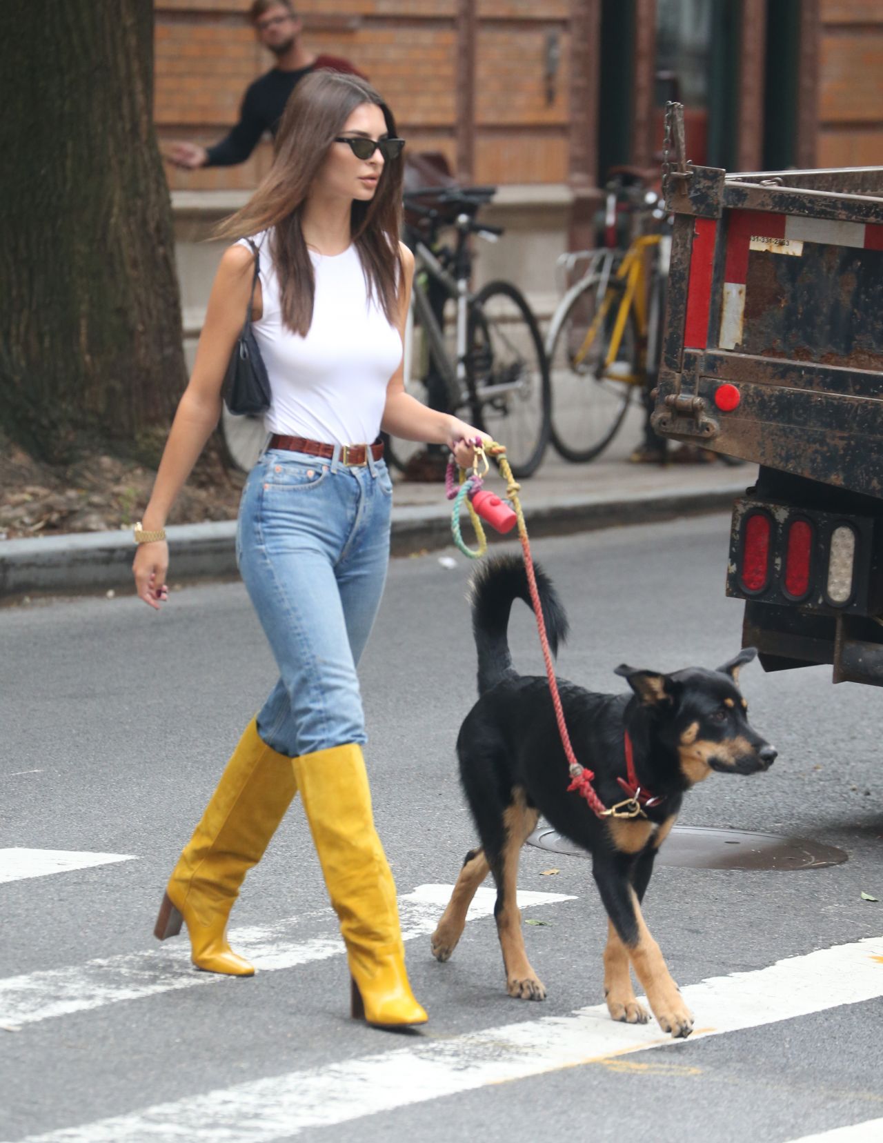 Emily Ratajkowski in White Tank, Jeans and Yellow Knee-High Boots 09/16 ...