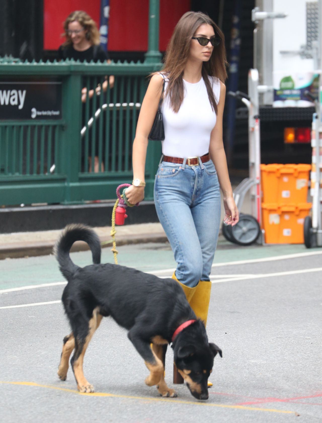 Emily Ratajkowski in White Tank, Jeans and Yellow Knee-High Boots 09/16 ...