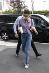 Kaia Gerber Wearing Cardigan With a Patterned Neck Scarf 9/18/19