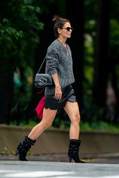 Katie Holmes in Silky Black Shorts and Slouchy Boots 09/11/2019