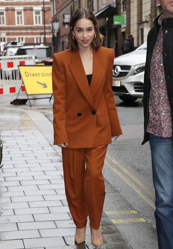 Emilia Clarke in a Plunging Terracotta Trouser Suit 10/24/2019