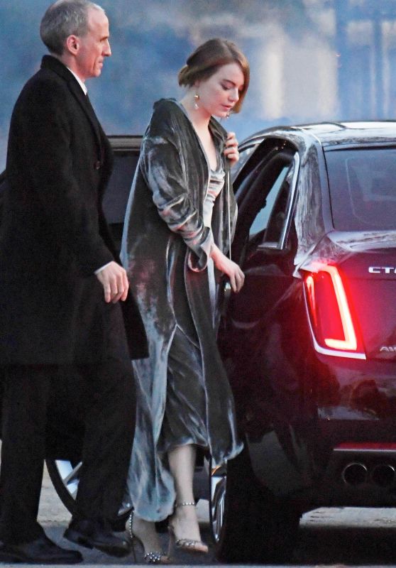 Emma Stone in a Grey Velvet Cowl Neck Dress 10/19/2019