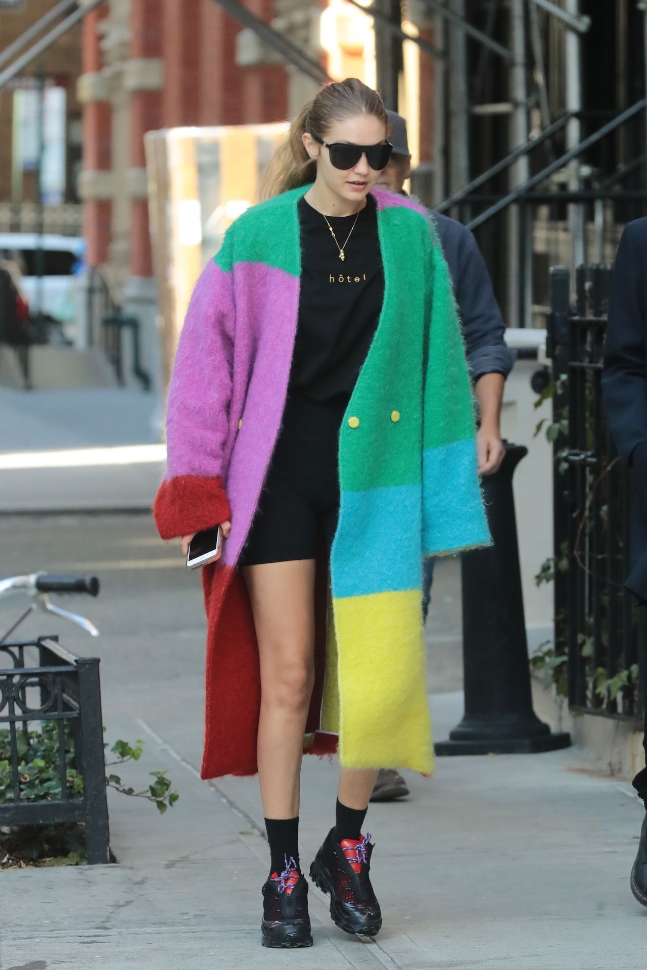 Gigi Hadid in Multicolor Coat - NYC 10/18/2019 • CelebMafia