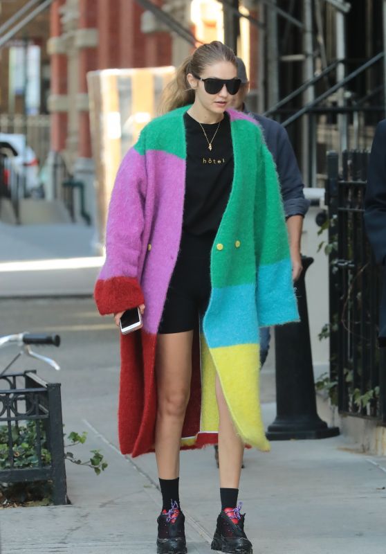 Gigi Hadid in Multicolor Coat - NYC 10/18/2019