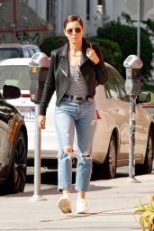 Jessica Biel in Ripped Blue Jeans and Cropped Black Leather Jacket 10/16/2019
