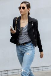 Jessica Biel in Ripped Blue Jeans and Cropped Black Leather Jacket 10/16/2019