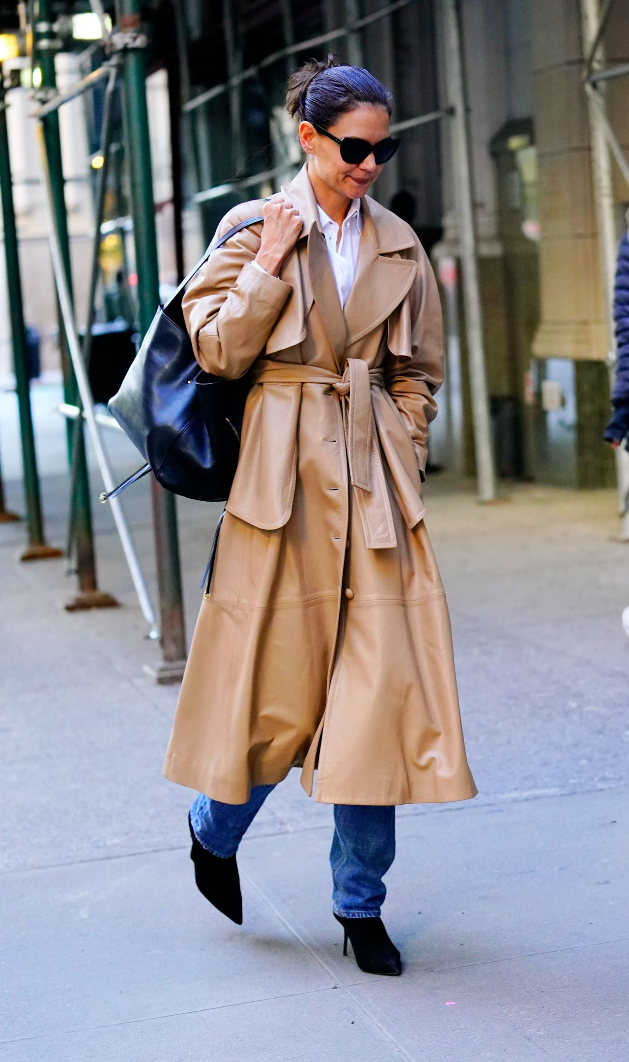 Katie Holmes in Leather Trench Coat and Suede Boots 10/21/2019 • CelebMafia