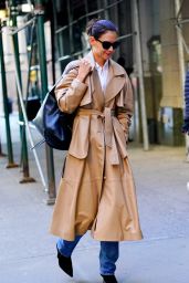 Katie Holmes in Leather Trench Coat and Suede Boots 10/21/2019