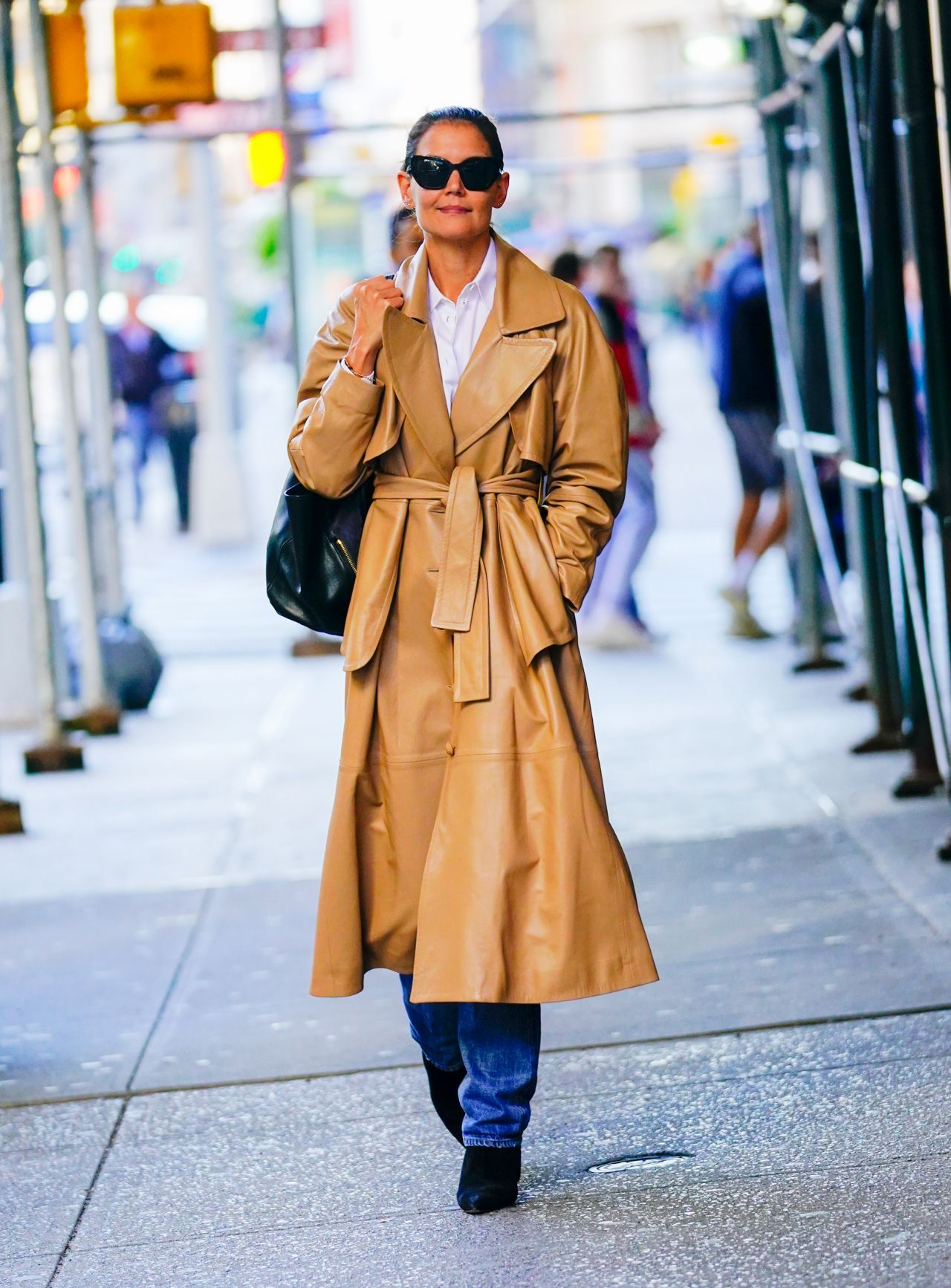 Katie Holmes in Leather Trench Coat and Suede Boots 10/21/2019 • CelebMafia