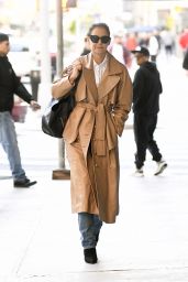 Katie Holmes in Leather Trench Coat and Suede Boots 10/21/2019