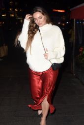 Kelly Brook in an Oversized White Jumper and Scarlet Satin Skirt 10/22/2019