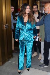 Selena Gomez in a Teal Silk Suit 10/28/2019