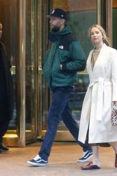 Jennifer Lawrence Wearing a Belted White Coat - NYC 11/18/2019