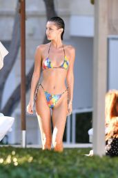 Bella Hadid in Rainbow Bikini - Poolside in Miami Beach 12/02/2019
